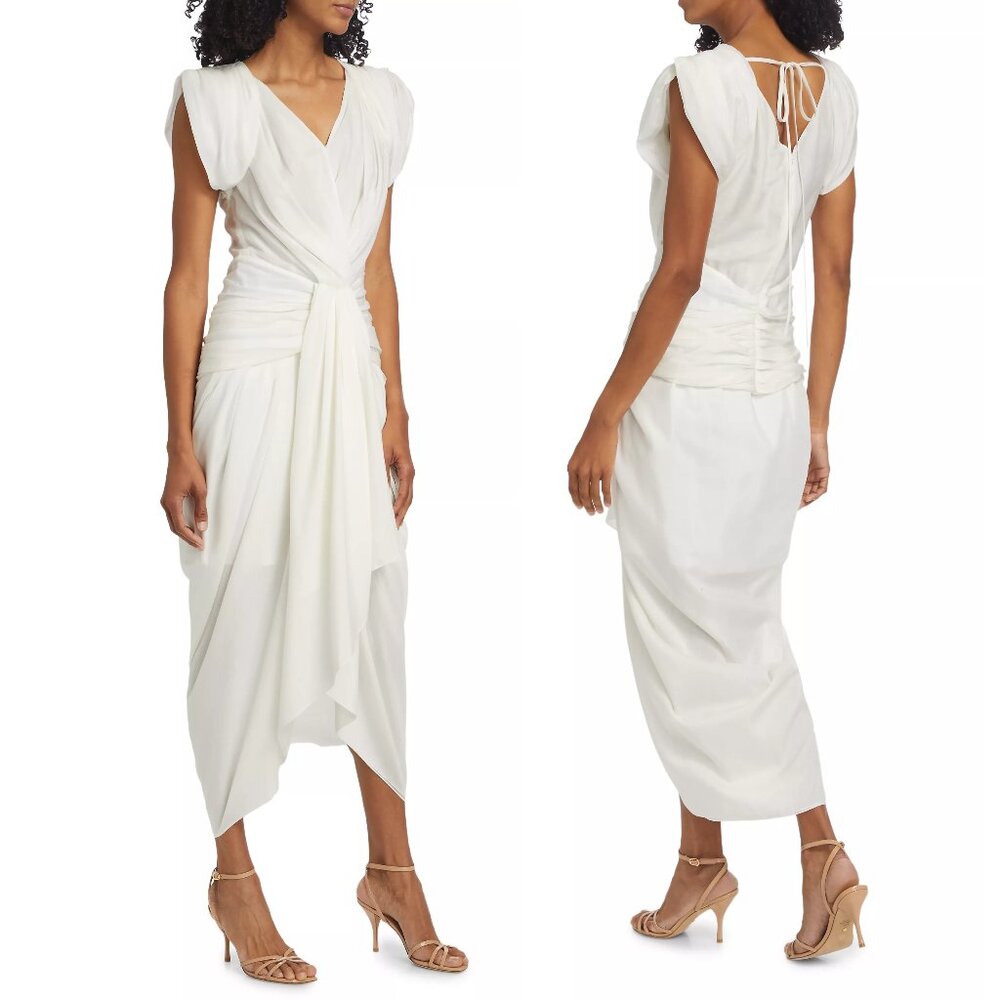 PRABAL GURUNG Draped 'Grecian' V-Neck Short Sleeve Silk High-Low Midi Dress